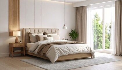 Fototapeta premium serene modern bedroom with a king-sized bed, plush bedding in neutral tones, and a large window with sheer curtains. Soft, ambient lighting, subtle decor elements, and a wooden nightstand with a minim