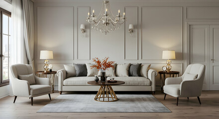 Fototapeta premium living room, interior design, beige sofa, Elegant Living Room Interior Design with Beige Sofa and Armchairs