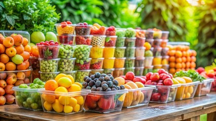 A vibrant display of fresh, healthy fruits in clear containers, arranged in neat stacks, showcasing a colorful assortment of nature's bounty on a rustic wooden table