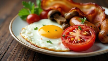 Golden brown bacon, fried eggs, grilled tomato, mushrooms, sausage , healthy, delicious
