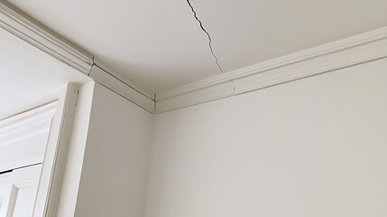 Ceiling crack in interior corner where wall and ceiling meet with crown molding detail. Possible settling or structural issue.