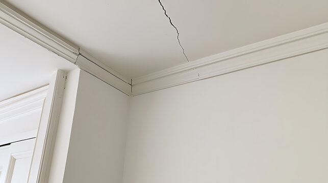 Ceiling crack in interior corner where wall and ceiling meet with crown molding detail. Possible settling or structural issue.