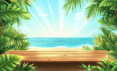Obraz premium Tropical beach scene with wooden surface, ideal for product display. Bright sun, ocean, and lush foliage