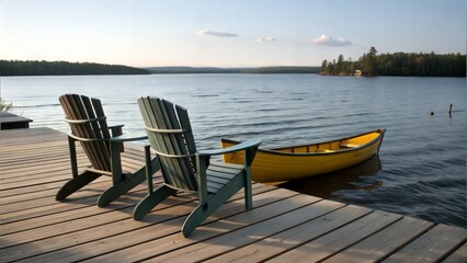 Two chairs on dock with yellow canoe on a calm lake