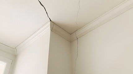 Cracks in walls and ceiling indicate structural issues in a building, posing safety concerns and requiring assessment and repairs.