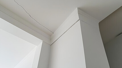 Obraz premium Ceiling crack: A hairline fracture spans across a pristine white ceiling, adjacent to decorative molding and a corner, suggesting potential structural concerns.