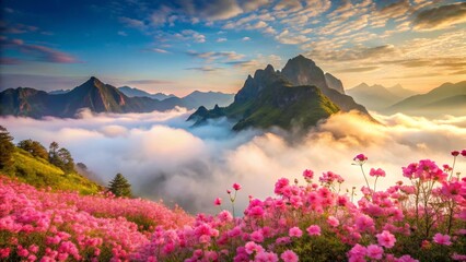 Serene Sunrise Over Majestic Mountains and a Vibrant Field of Pink Blossoms