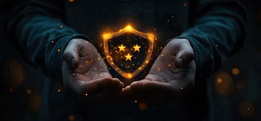 A pair of hands cradling a glowing shield emblem featuring four stars. symbolizing protection and achievement. set against a blurred. dynamic background that suggests energy and movement