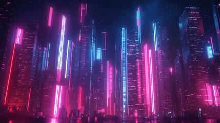 Obraz premium Futuristic cityscape with glowing neon lights and geometric architecture, embodying a vision of advanced urban harmony. 