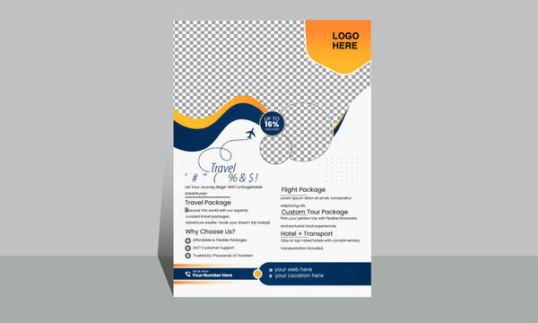 Tour & Travel Flyer Design Template for Agency .A Business Concept with a Modern Look, Featuring Yellow and Blue Accents.
