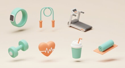 Pastel Fitness Icons: 3D Render of Health and Wellness Equipment