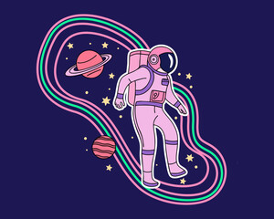 Astronaut with Planets and Colorful Arcs Illustration for Space Exploration Themes in Vibrant Style for Kids Decor and Sci-Fi Art