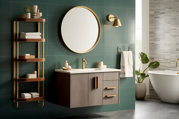 Green Tone Mid-Century Modern Bathroom with Wooden Accents and Minimalist Fixtures Mid Century Interior
