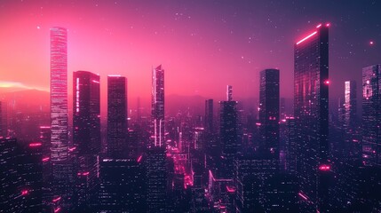 Fototapeta premium Futuristic cityscape with glowing neon lights and geometric architecture, embodying a vision of advanced urban harmony. 