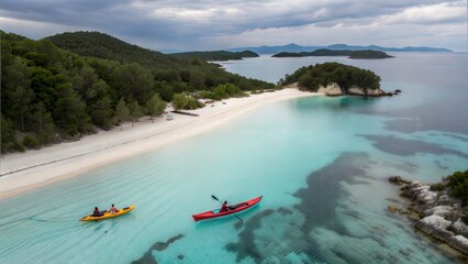Aerial view of two women canoeing near Voutoumi Beach, Antipaxos, Greece