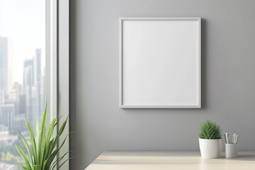Modern office interior featuring a blank frame on the wall. with a stunning city skyline visible through large windows. creating a serene yet professional atmosphere