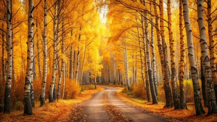 Autumnal Pathway Through Golden Birch Forest A Serene Winding Road