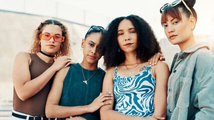 Portrait, friends and city for fashion with streetwear, edgy clothes and confident women. Cool, group and girls outdoor with trendy sunglasses, urban outfit and serious with gen z style for swag