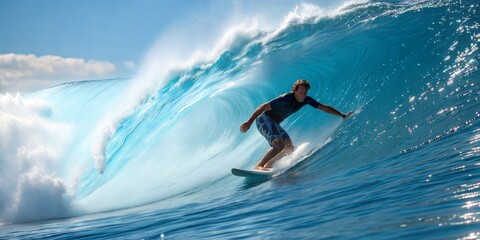 Male surfer riding a blue ocean wave