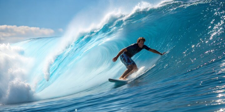 Male surfer riding a blue ocean wave