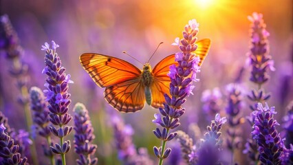 Golden butterfly wings illuminated by warm sunlight, delicately perched on vibrant purple lavender blossoms in a serene floral field.
