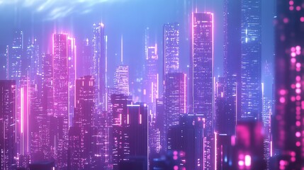 Fototapeta premium Futuristic cityscape with glowing neon lights and geometric architecture, embodying a vision of advanced urban harmony. 