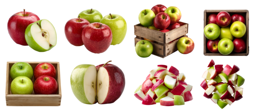 Set of mix red and green apple apples fruit, many angles and view side top sliced halved cut chop cube, wooden crate isolated on transparent cutout, PNG file. Mockup template for artwork design	
