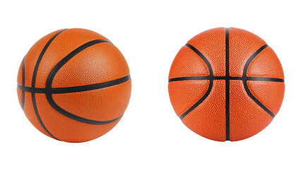 Fototapeta premium Two orange basketballs with black lines are displayed side by side transparency background, showcasing their textured surface