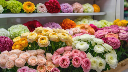 Beautiful fresh blossoming flowers (ranunculus, roses, hydrangea, lisianthus) at the florist shop shelves in the fridge