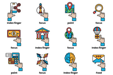 Fototapeta premium set of images of hands pointing at various things in a line drawing style