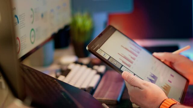 Digital Data Analytics Tablet Modern Office Workspace monitor display computer space