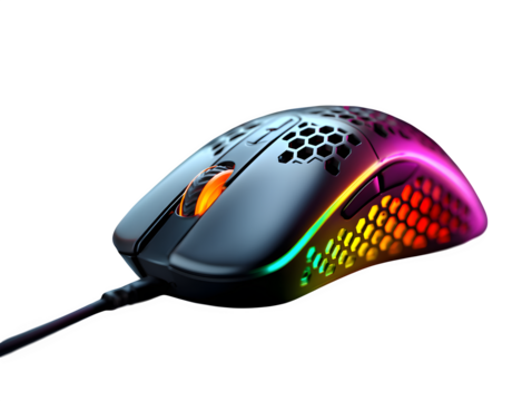 Close-up of high-performance gaming mouse with RGB lighting effects, isolated to transparent background