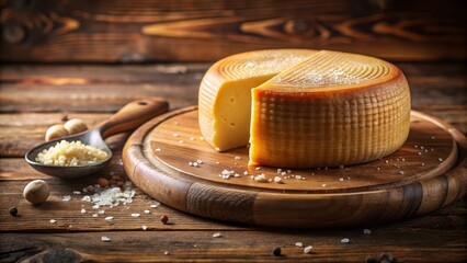 A Rustic Wooden Board Presents a Wheel of Aged Cheese, Partially Sliced, with Seasoning