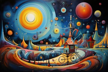 Obraz premium Abstract landscape painting featuring fantastical architecture, celestial bodies, and vibrant, swirling colors.