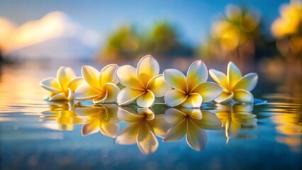 Fototapeta premium Serene Reflection of Tropical Blooms Floating Gently on Tranquil Water at Sunset