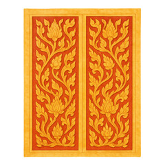 Traditional floral pattern with golden leaves and flowers on red background, framed by yellow border, showcasing elegant ornamental design
