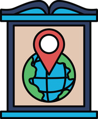 A blue and white sign with a globe and a red dot on it