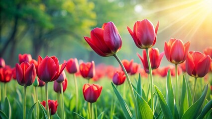 Fototapeta premium Radiant crimson tulips bathed in the warm glow of morning sunlight, a vibrant springtime scene of blossoming flowers in a lush green field