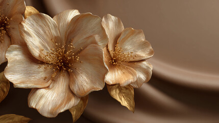 Rich gold flower sculpture on soft brown background, photoreal style
