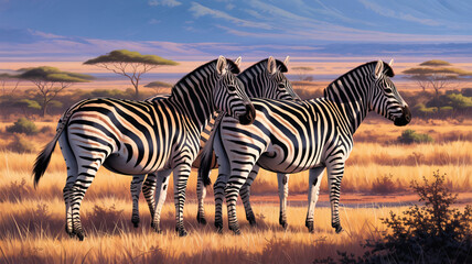 Trio of zebras in detailed wildlife art African savanna scene