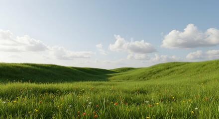 Fototapeta premium rolling hills, green hills, wildflowers, Rolling Green Hills with Wildflowers