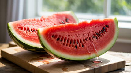 Two juicy watermelon slices red with black seeds