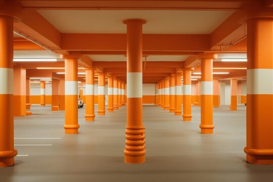 A symmetrical view of a parking garage, featuring numerous orange columns, a gray floor, and a white ceiling.