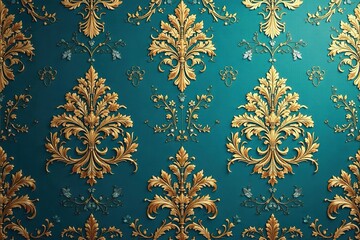 Intricate floral damask pattern in elegant teal and gold , pattern, damask, acanthus