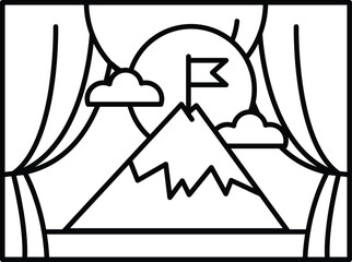 A mountain is shown with a flag on top and a sun in the background