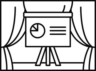 A black and white drawing of a projector screen with a pie chart on it