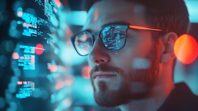 Floating numeric data and charts surrounding a focused data professional 