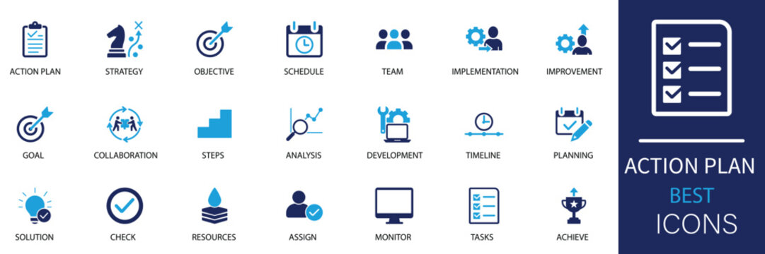 Action plan icon set. This collection features icons for strategy, task, schedule, goal, and teamwork. Perfect for project management, development, and collaboration needs.