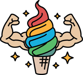 A cartoon of a man with a muscular arm holding a rainbow ice cream cone