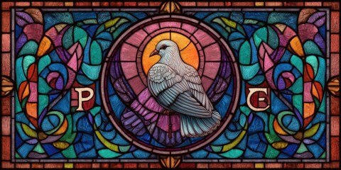 Colorful stained glass design of a dove.